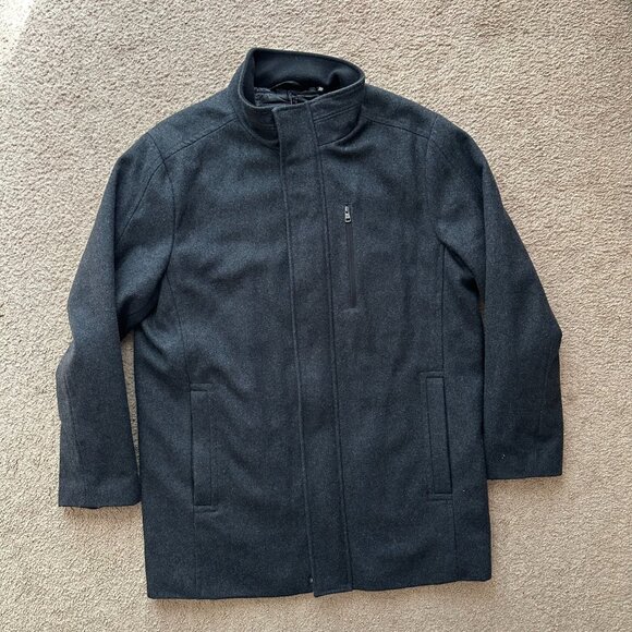 Calvin Klein Pea Coat Mens Large Full Zip Mock Neck Wool Blend Grey - Picture 1 of 14